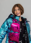 Lola + The Boys Womens Magic Sequin Flip Puffer Coat