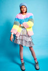 Lola + The Boys Womens Rainbow Candy Striped Fur Jacket