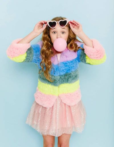 Lola + The Boys Womens Rainbow Candy Striped Fur Jacket